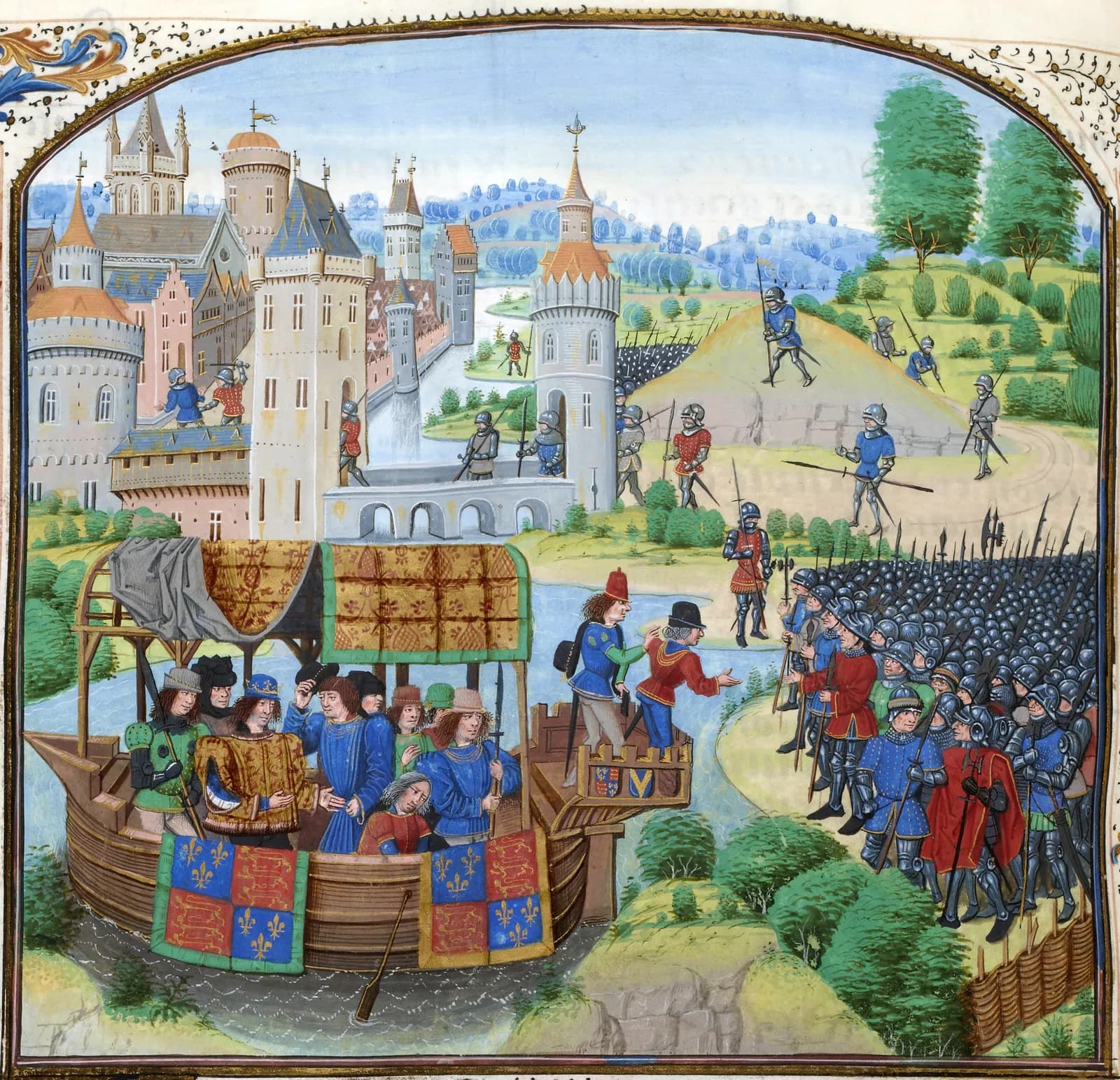 A medieval illumination showing a brightly colored fortified city on the left with a river flowing through it, and on the right, an army marching along the riverbank towards the city, while a large boat with people in it floats on the river in the foreground.