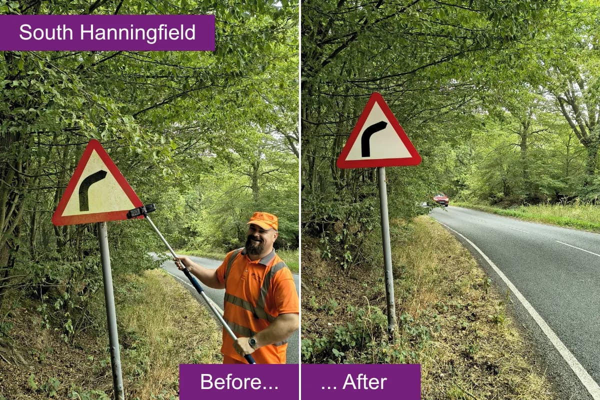 A split image shows a man in an orange vest cleaning a road sign on the left, and the cleaned sign with a clear road on the right.